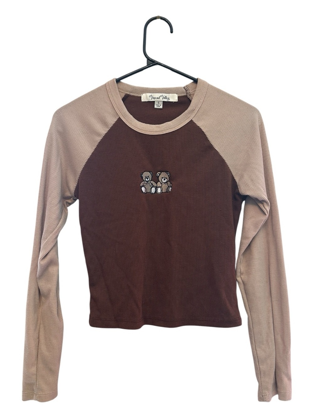 Vintage Y2K Vine & Valley Brown & Tan Raglan Teddy Bear Embroidered Crop Top S